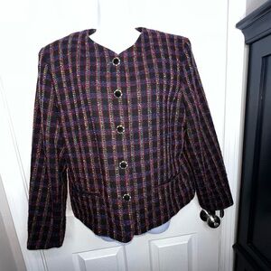 Vtg Modiano Women’s 10 100% Wool Black Multicolor Plaid Tweed Blazer Jacket M